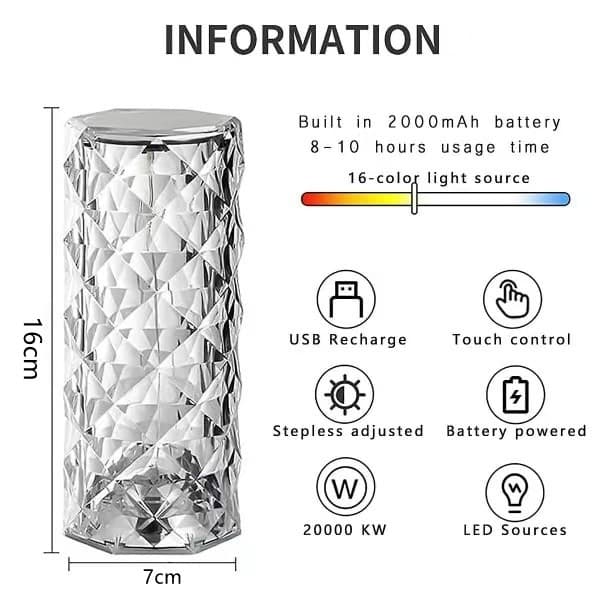 Crystal Diamond Bordlampe, 16 farger USB-lading Touch Lampe