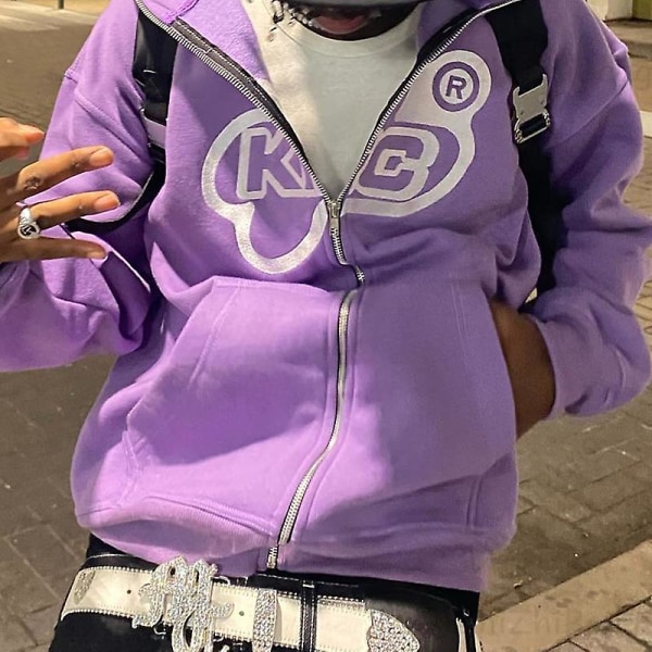 än Printed huvtröjor Harajuku High Street huvtröjor Y2k Streetwear Hip Hop Gothic Zip Up Loose Jacka Kappor Purper M