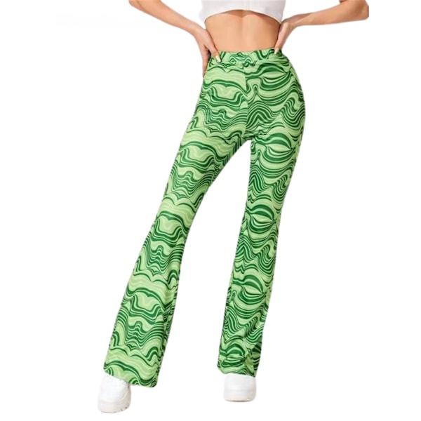 AVEKI Print Elastiska högmidjade Flare Leg Bell Bottom Pants, Grön, M