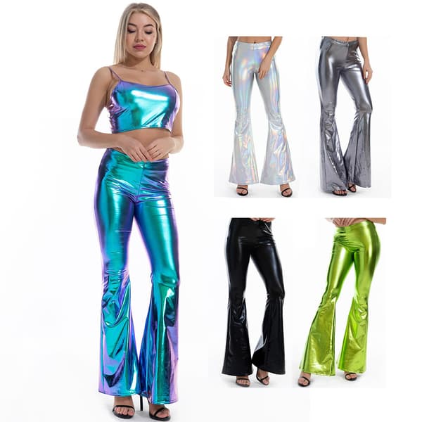 Glänsande stretchiga joggingbyxor med hög midja för kvinnor silver XL