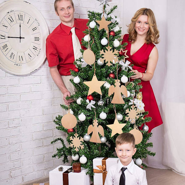 20 juledekorationer, runde engleskiver af træ med snefnug (lanterner, stjerner, snefnug og engledesign)