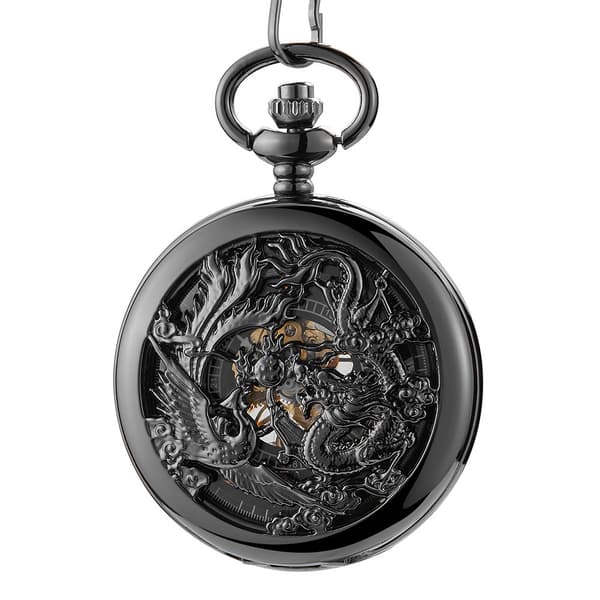 Antik Mekanisk Lommeur Lucky Dragon & Phoenix (Bedste Ønsker) Skeletskive med Kæde til Mænd Kvinder + Sort Æske