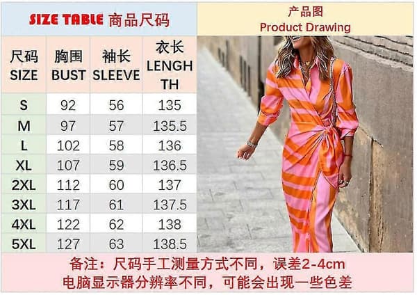 Kvinnor Plus Size Långärmad Tryckt Slag Slips Skjorta Omlottklänning Midiklänning (Orange och Rosa M)