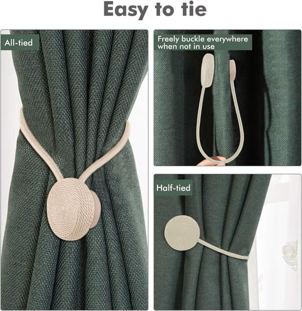 Beige sett med 2 magnetiske gardinholdere, håndvevd De