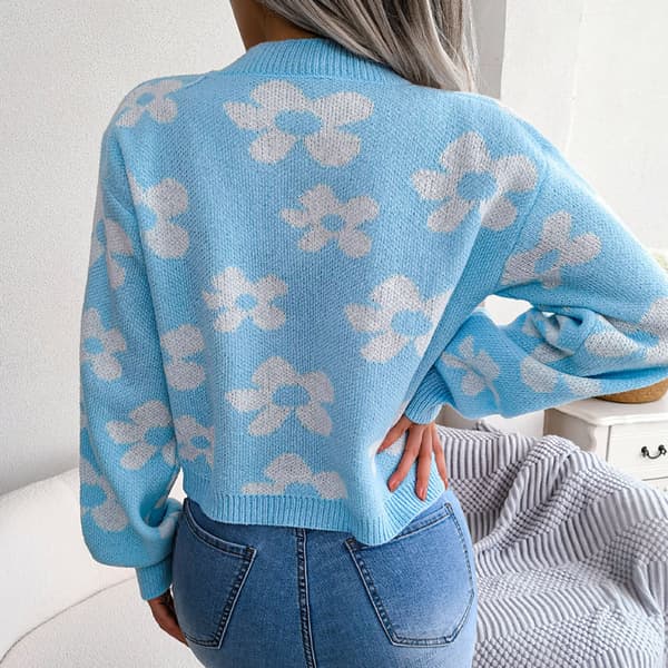 Dam V-ringad cardigans tröja ångärmad stickade tröjor Blue L