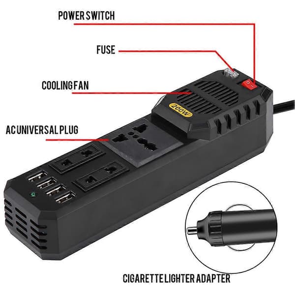 200W DC 12V til AC 220V Bilstrøminverter Konverter Cigarettænder USB-oplader Universal