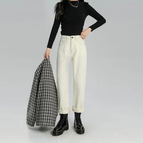 FINORD Korkea vyötärö Casual Baggy Farkut Naiset Korealaiset syysfarkut Treetwear Harajuku Vintage Talvi Suorat farkut Beige S