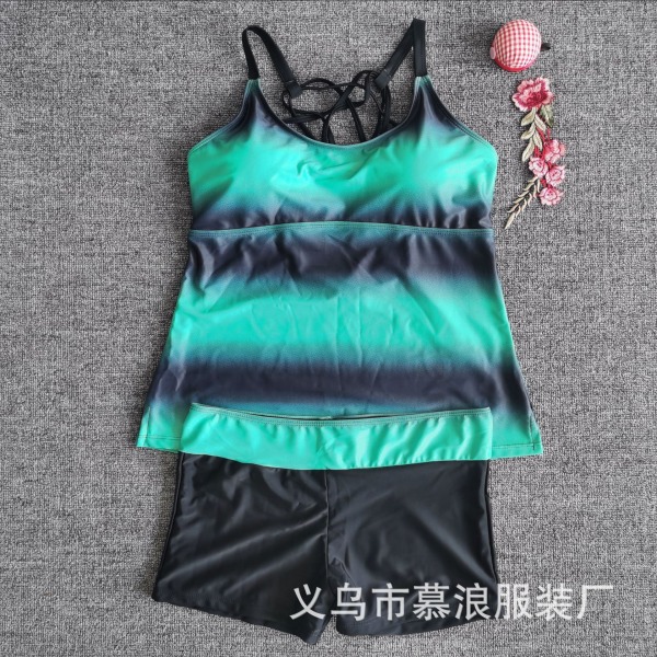 Dame Plus Size Badetøj 2 stk. Badetøj Badedragt + Shorts Green gradient 5XL