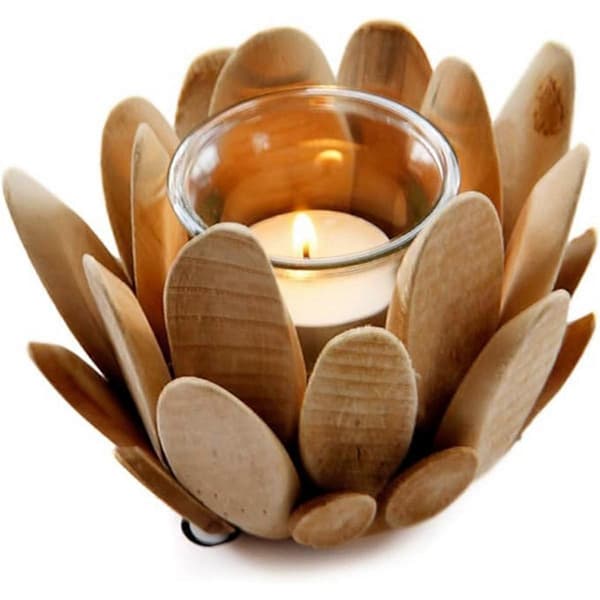 Treblomst Lysestake Tre Søyle Lysestake Blomst Telysholder Tre Trim Lotus Dekor Retro Lysestake