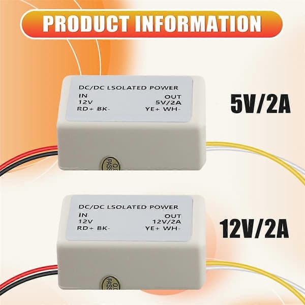 DC-DC Isolert Strømmodul DC12V Inngang DC 5V/2A Utgangskonverter Felles Jordisolasjon Anti-Interferens, 12V til 5V/2A