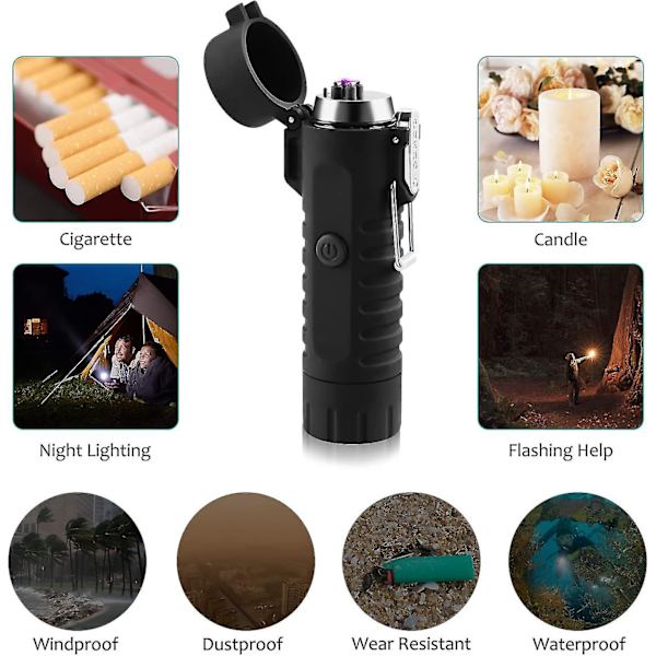 Utomhus Camping Ficklampa Uppladdningsbar Dual Arc Flameless Lighte