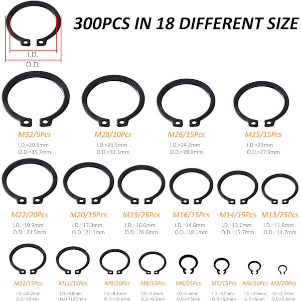 Hiiliteräs Lukitusrengas Pidätinrengas 18 Kokoa 3mm-32mm Mukana