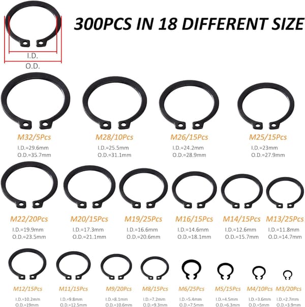Kullstål Låsering Holdring 18 Størrelser 3mm-32mm med