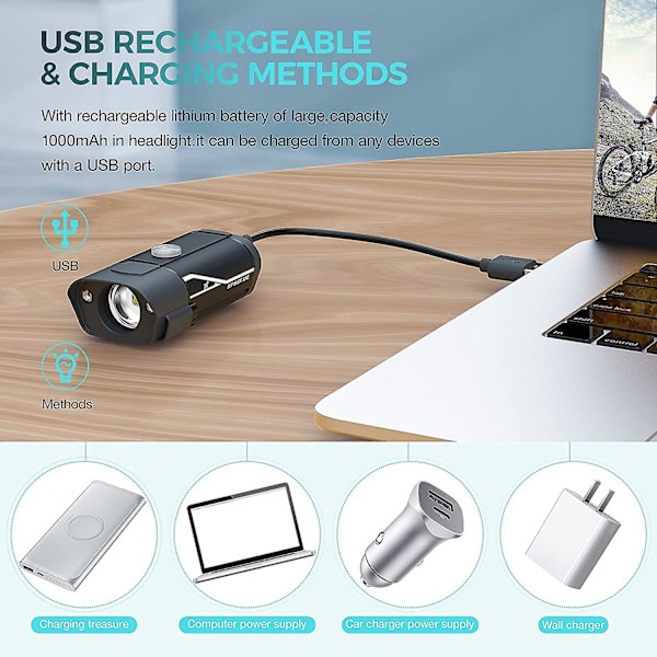 1000 Lumen USB uppladdningsbar set, 3 led cykelstrålkastare