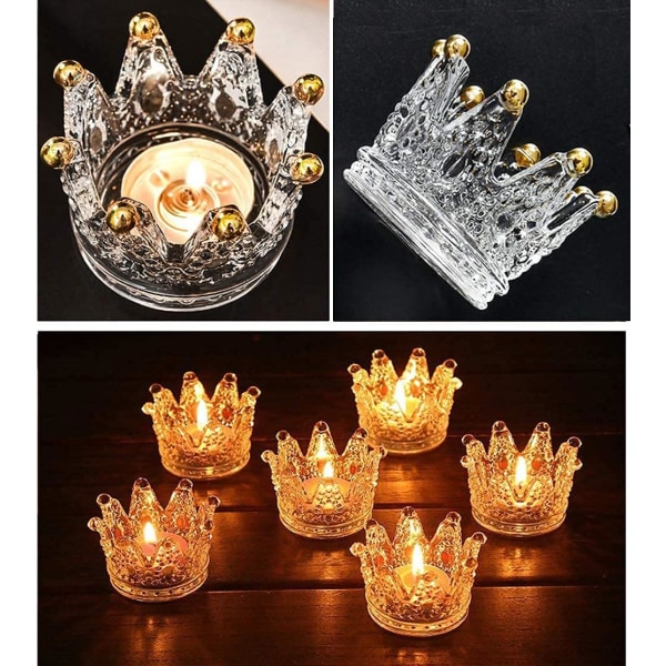 Ljushållare Set med 6 Crown Glas värmeljusljusstake för bröllop, fest och heminredning