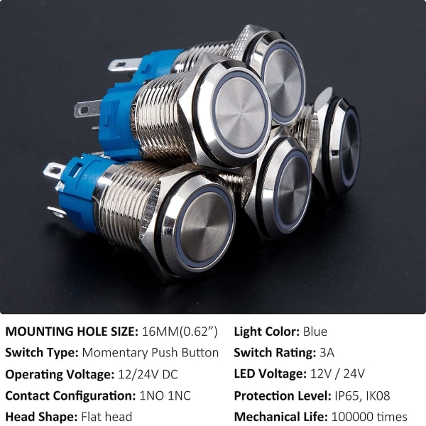 16mm momentan tryckknapp DC 12v/24v 3a vattentät krom mässingsbrytare med led ljusblå ring 5 delar