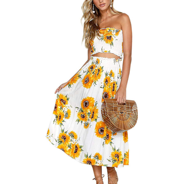 Blomstrete bluse for kvinner, Maxiskjørt kostymekjole Sunflower Medium