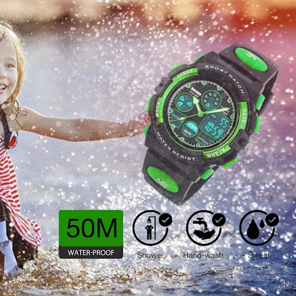Digital watch för barn, vattentät watch för pojkar och flickor, elektronisk analog watch med larmstoppur (grön)