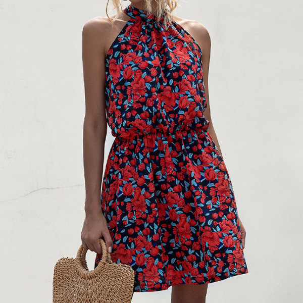 Halterneck Kvinder A-linje Print Kjole Navy Blue L