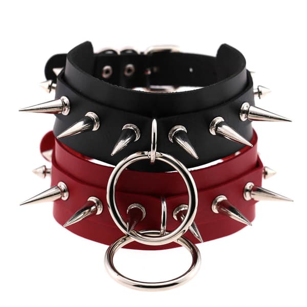 O-ring Punk Goth Metall Spikebesatt Lær Halskjede for Menn Kvinner