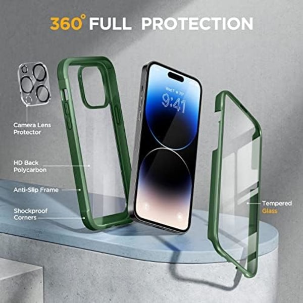 Miracase Glass Series Designad för iPhone 14 Pro Max Case 6,7 tum, [2023 Upgrade] Bumper Case med inbyggd 9H härdat glas Scr Acacia Green