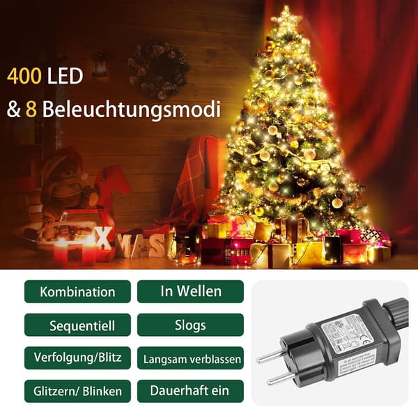 Julgransljusgirlang, Varmvit 2M *16 Gren 400 LED