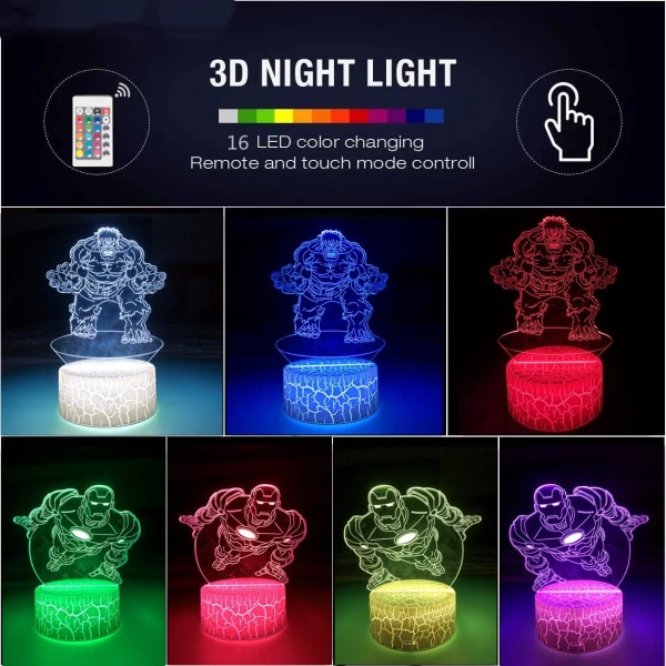 Superhjälte 3D nattlampor för barn present, Hulk-Ironman 3D LED