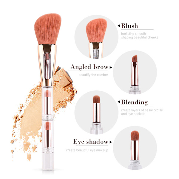 Fire-i-én makeupbørste Multifunktionel integreret børste Konturbørste Løst pudderbørste Honningpudderbørste til kvinder 3 in 1