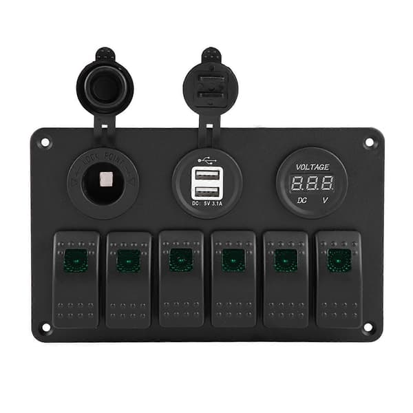 12V 24V 6-gang bilbåd LED vippekontaktpanel Dobbelt USB voltmeter cigarettænder grøn