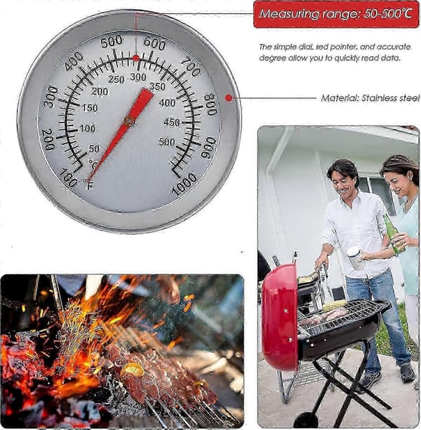 Grill- og ovnstermometer i rustfritt stål, maks 500C/1000F, analog skjerm