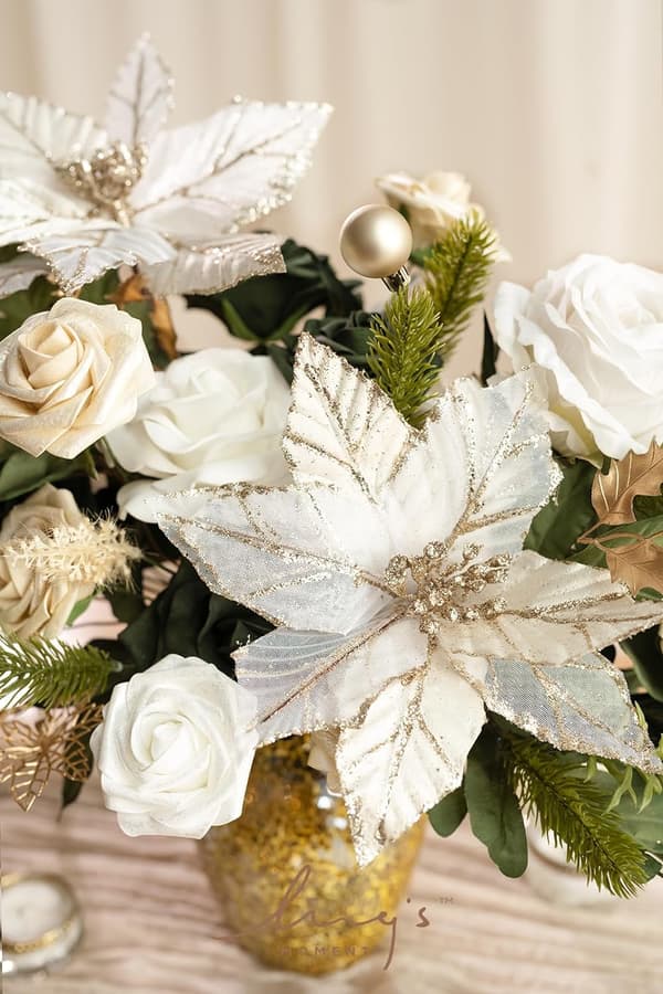 Chrismas kunstige blomster og grønt Combo Box Set, gull hvit