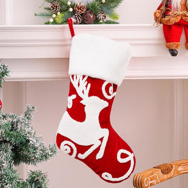 Julstrumpa Stor storlek Plysch Ljus färg Supermjuk Bekväm scenlayout Bedårande hängande julbroderier Walking Stick Snowflake Älgpresent C