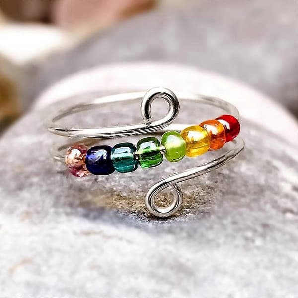 Drive Your Anxiety Regnbueperler Fidget Ring, justerbar Angstring For Datter, ring med perler S