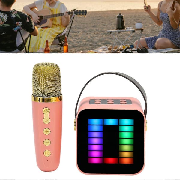 Mini-karaokelaite RGB-valolla, digitaalinen prosessointisiru, kannettava Bluetooth-kaiutin mikrofonilla, vaaleanpunainen