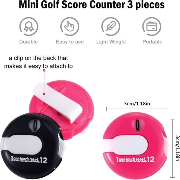 3 golfpoängräknare Minigolfslagräknare, återställning med en knapp, enkelt fäst på målarhandskar,
