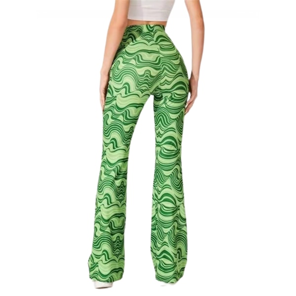 AVEKI Print Elastiska högmidjade Flare Leg Bell Bottom Pants, Grön, M