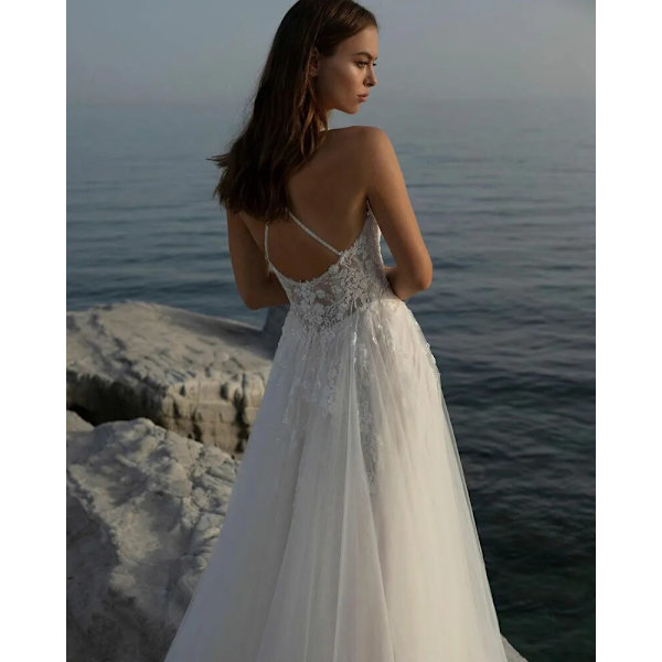 Sweetheart Spets Applikation Bröllopsklänning Spaghetti Armband Tyll Strandbrudklänning Ärmlös A-Line Sweep Train Robe De Mariée white 8