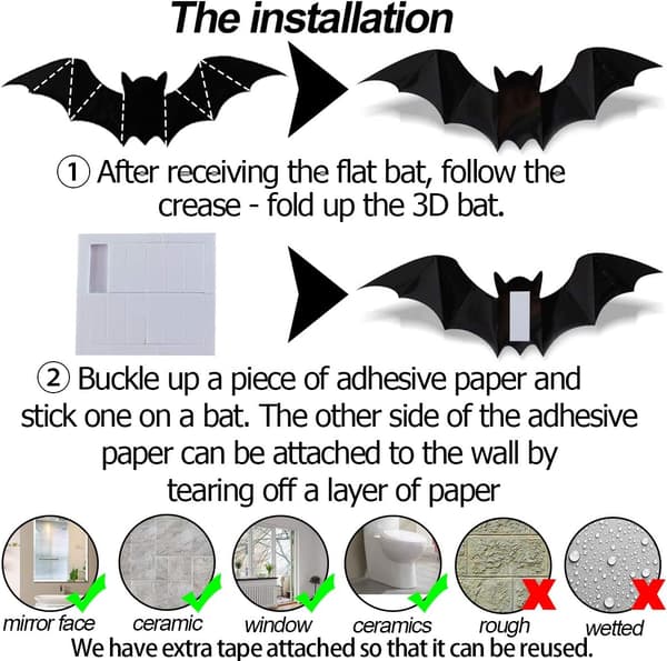 96 st Dekorativa 3D Fladdermöss - Skrämmande Halloween Fladdermöss Fönsterdekor