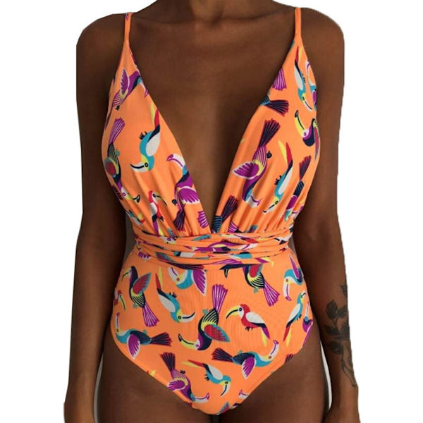 Kvinder V-hals Udskåret Bikini Multi-Way Bandage Monokini Boho Blomster Badedragt 10 S