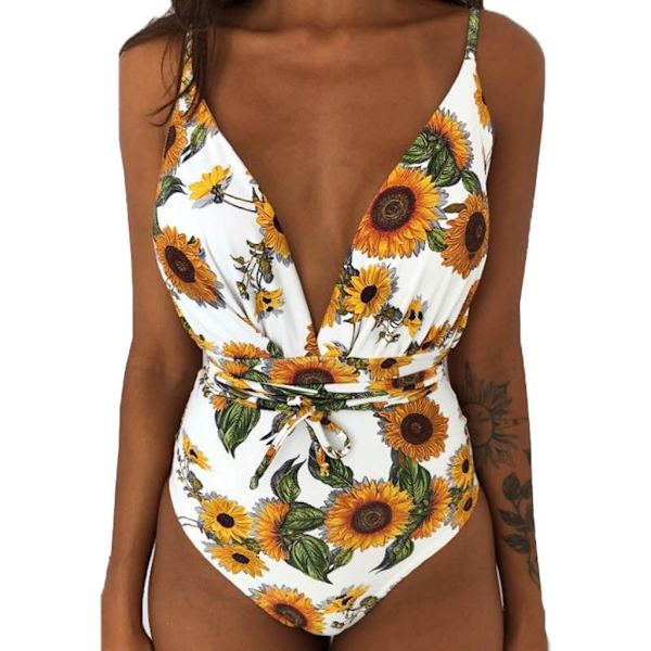 Kvinder V-hals Udskåret Bikini Multi-Way Bandage Monokini Boho Blomster Badedragt 1 L
