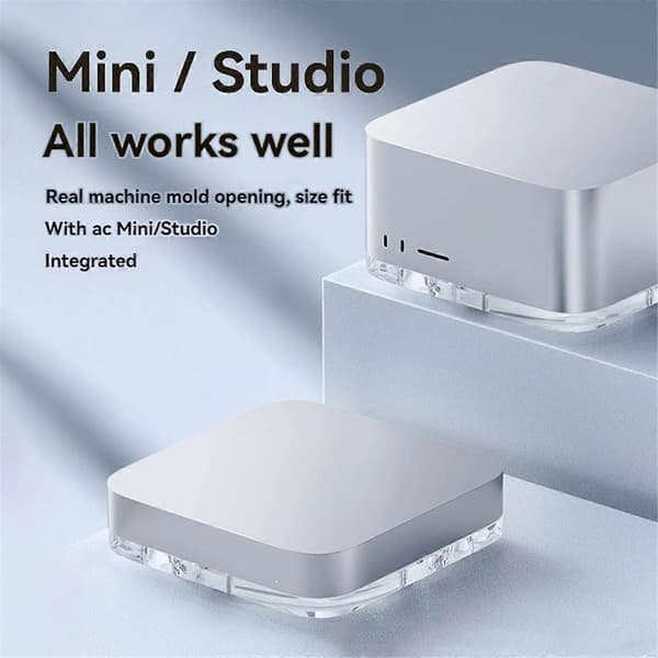 Pöytäteline Mini- ja Studio-laitteille, pölytiivis, läpinäkyvä akryyliteline, jäähdyttävä lämmönpoistokiinnike, tarvikkeet