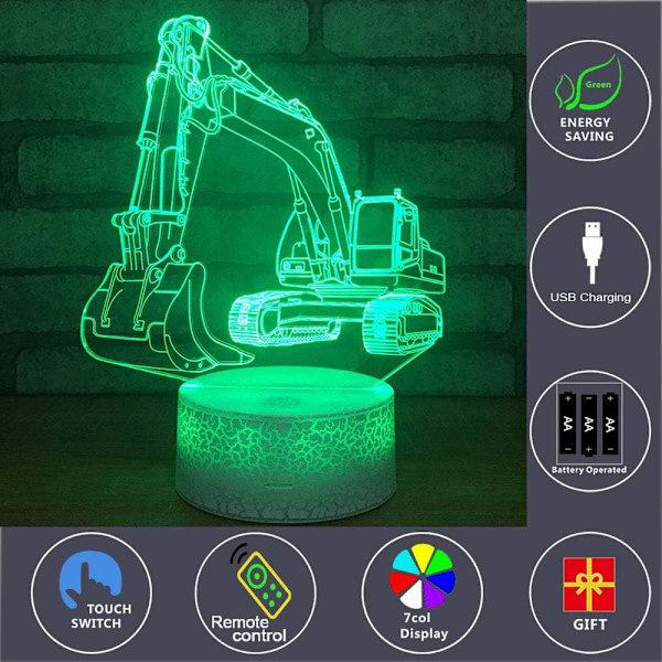 Grävmaskin 3D LED Optisk Illusion Sensor Nattljus