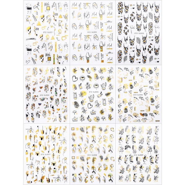 9 ark abstrakt linje nagelklistermärken självhäftande dam ansikte blommor palmblad (guld, svart) Black