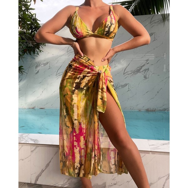 Baddräkt sommar med print för kvinnor 3 delar delade badkläder med strandkjol Dam högskurna bikini baddräkt Strandkläder L