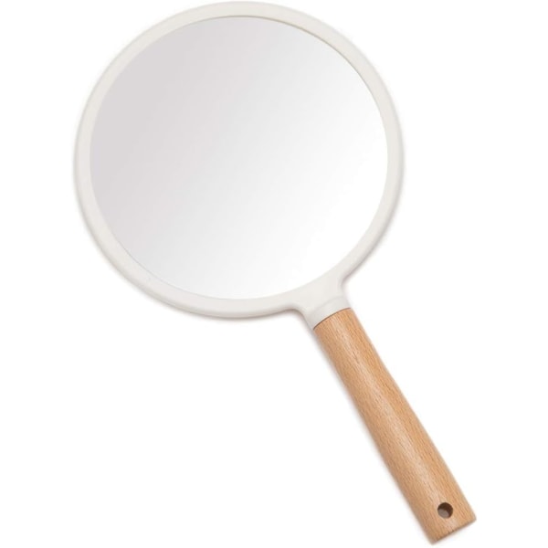 Handhållen spegel med handtag för smink, liten söt trähandspegel för rakning med hålhängande bärbar (rund)