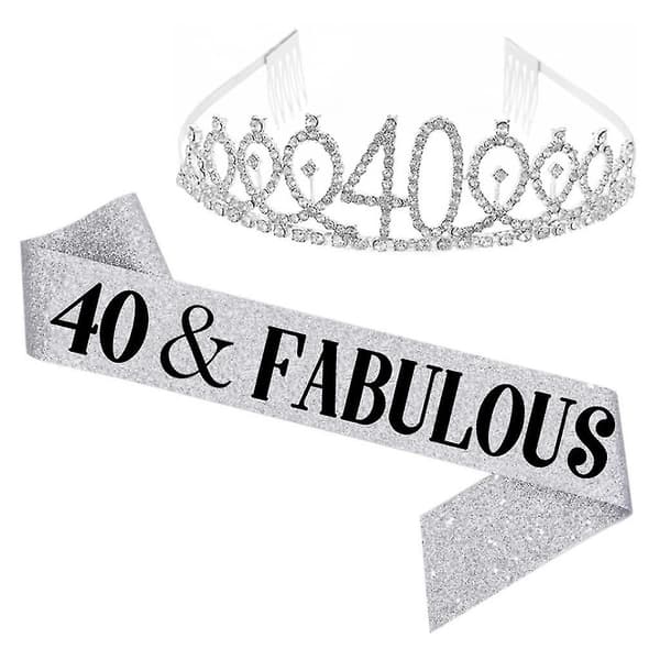 Kvinner glitrende Rhinestone Brev Trykk Sash Tiara Sett bursdag Silver 40 år gammal