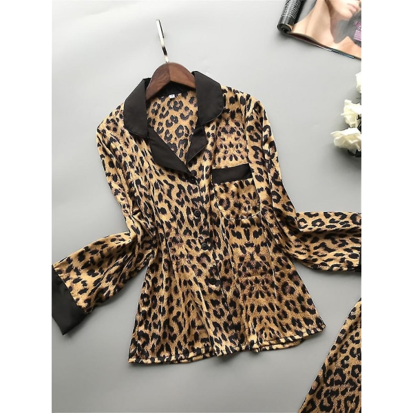 2-delat set kvinnor pyjamas set print siden satin långärmade byxor nattkläder set Lounge kostym M