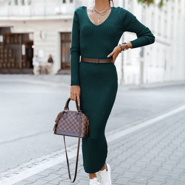 Stickad långklänning kvinnor V-hals Stretch Slim långärmad klänning Green M