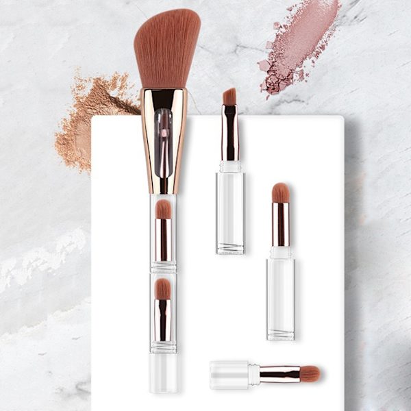 Fire-i-én makeupbørste Multifunktionel integreret børste Konturbørste Løst pudderbørste Honningpudderbørste til kvinder 3 in 1