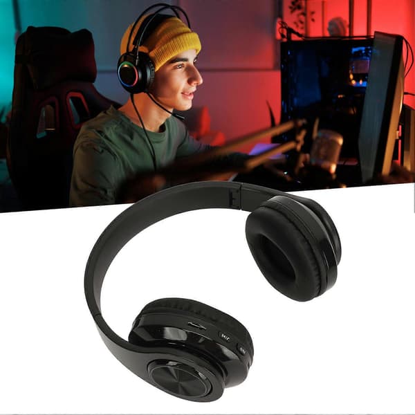 Bluetooth-hodetelefoner Multifunksjonell HiFi Stereo RGB Fargegradientlys Plugg inn kort Sammenleggbart Trådløst Hodesett Svart